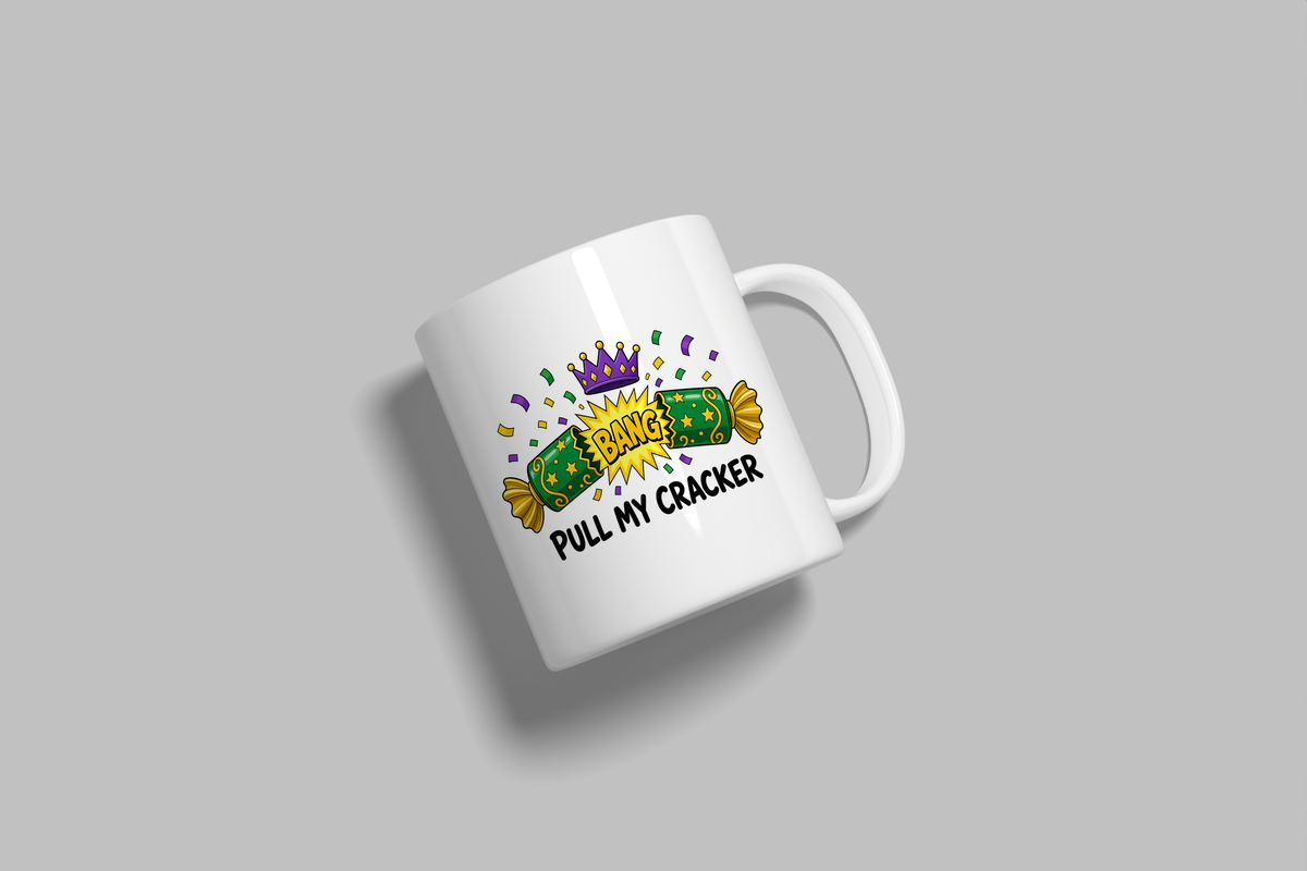 Pull My Cracker funny mug, white 11oz ceramic novelty gift, angled side view