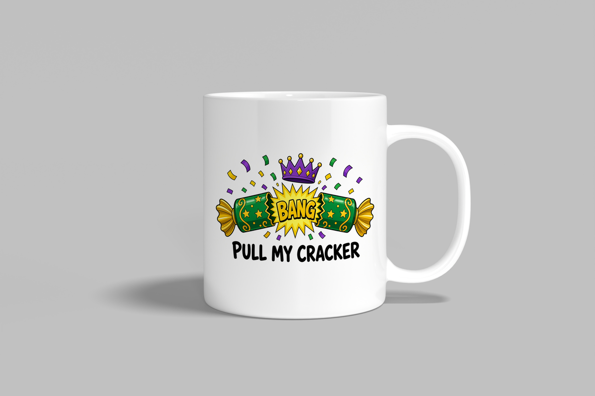 Pull My Cracker funny mug, white 11oz ceramic novelty gift, front view