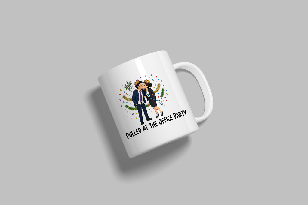 Pulled At The Office Party funny mug, white 11oz ceramic novelty gift, angled side view