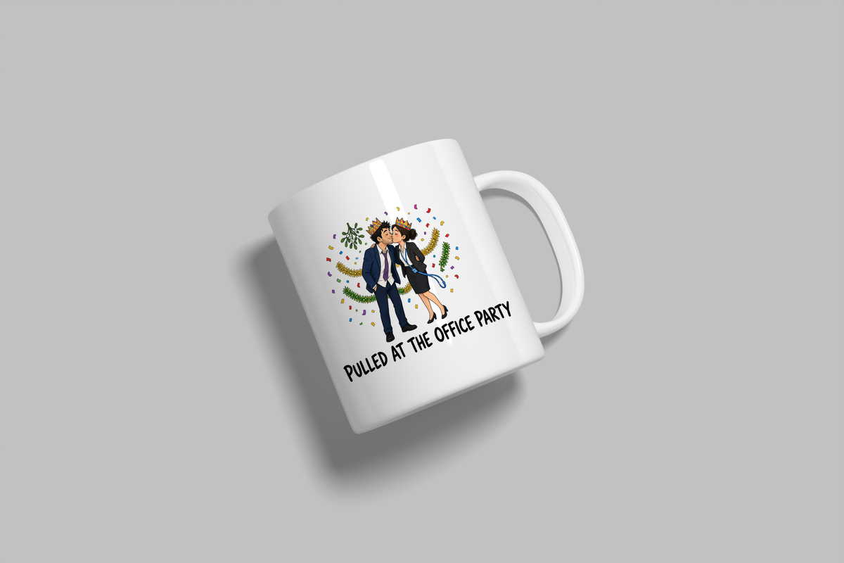 Pulled At The Office Party funny mug, white 11oz ceramic novelty gift, angled side view