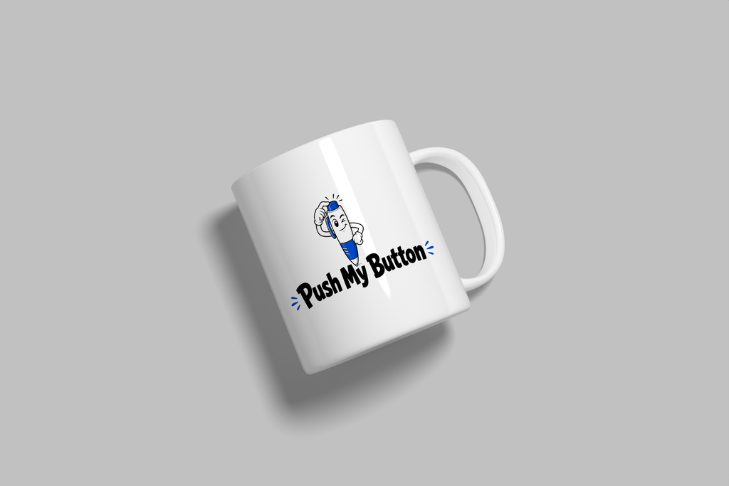 Push My Button funny mug, white 11oz ceramic novelty gift, angled side view