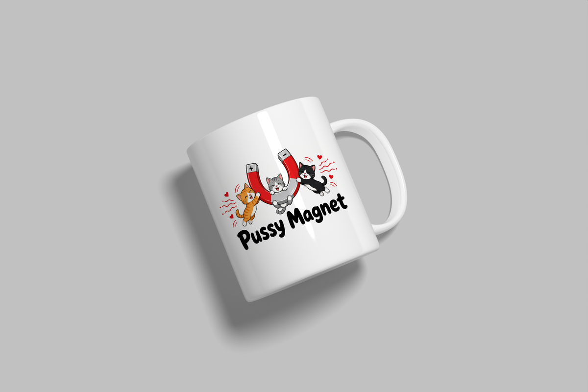 Pussy Magnet funny mug, white 11oz ceramic novelty gift, angled side view