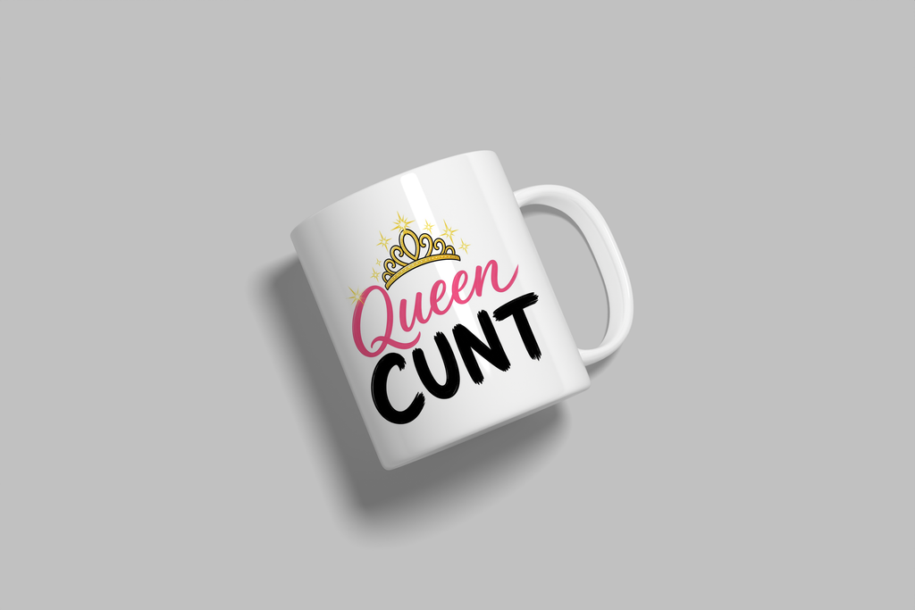 Queen Cunt funny mug, white 11oz ceramic novelty gift, angled side view