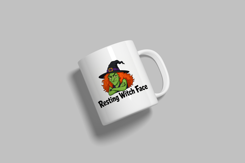 Resting Witch Face funny mug, white 11oz ceramic novelty gift, angled side view