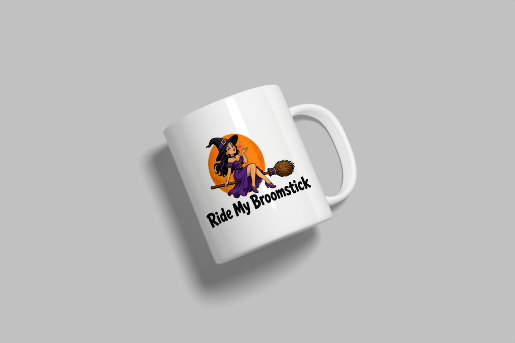 Ride My Broomstick funny mug, white 11oz ceramic novelty gift, angled side view