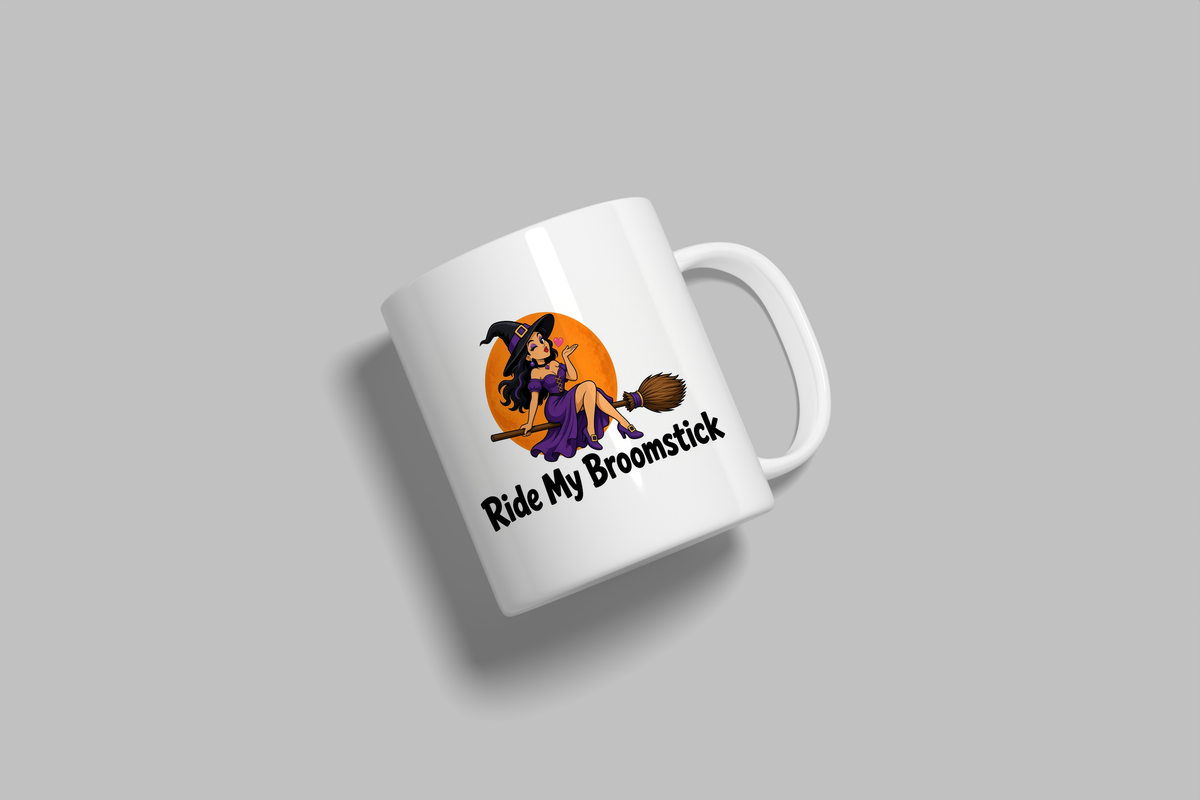 Ride My Broomstick funny mug, white 11oz ceramic novelty gift, angled side view