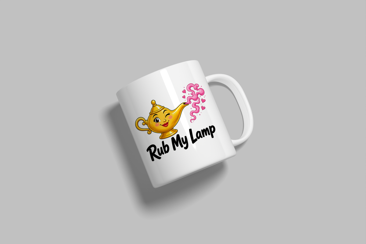 Rub My Lamp funny mug, white 11oz ceramic novelty gift, angled side view