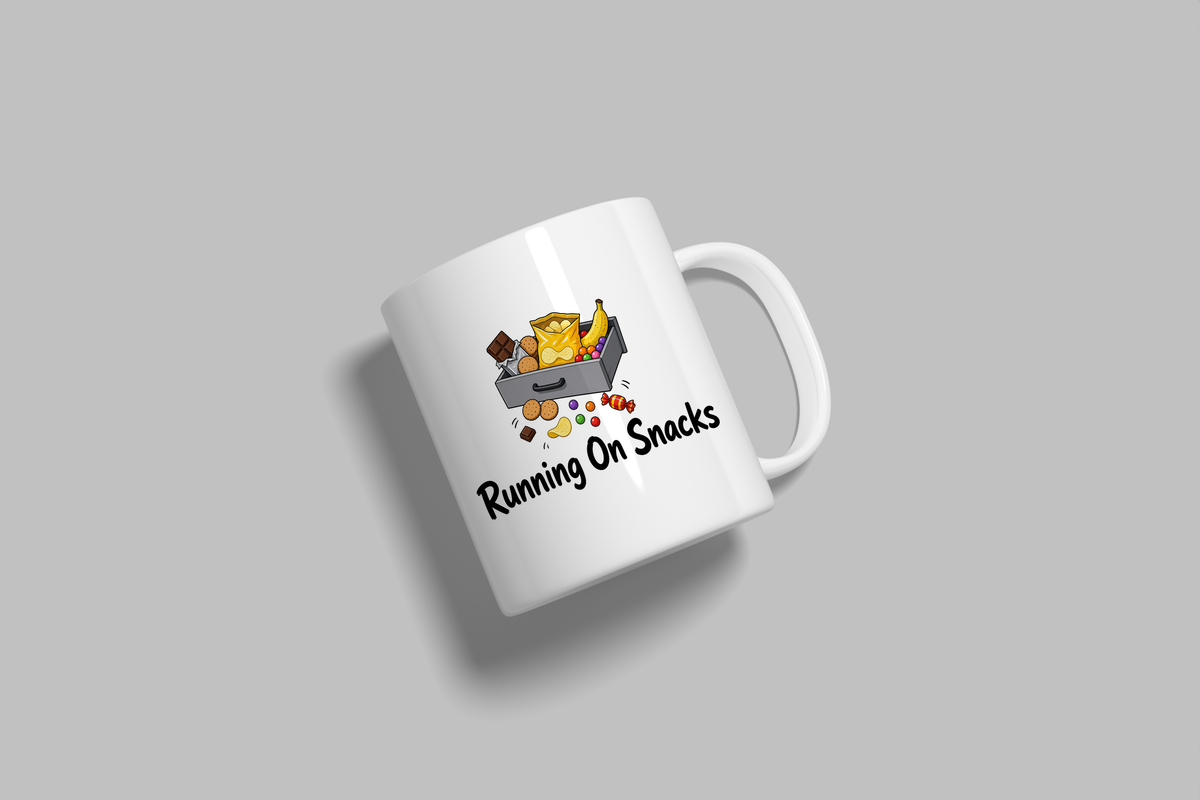 Running On Snacks funny mug, white 11oz ceramic novelty gift, angled side view