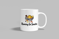 Running On Snacks funny mug, white 11oz ceramic novelty gift, front view