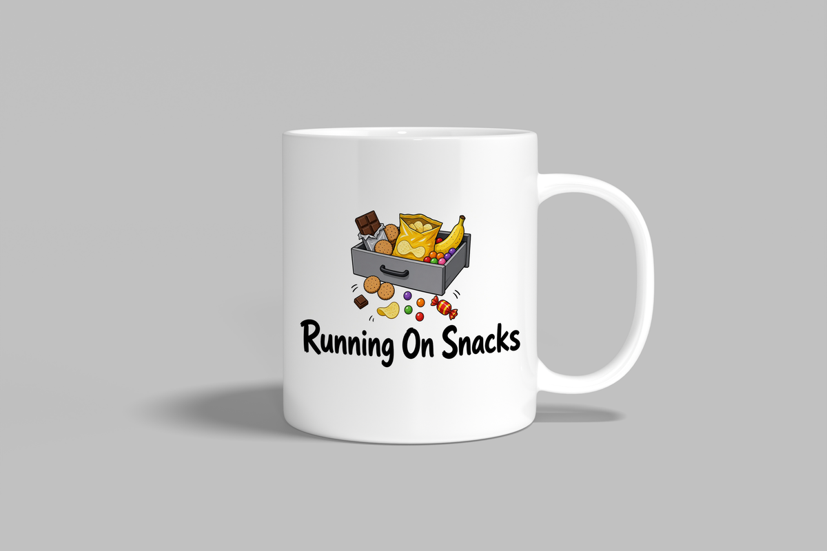 Running On Snacks funny mug, white 11oz ceramic novelty gift, front view