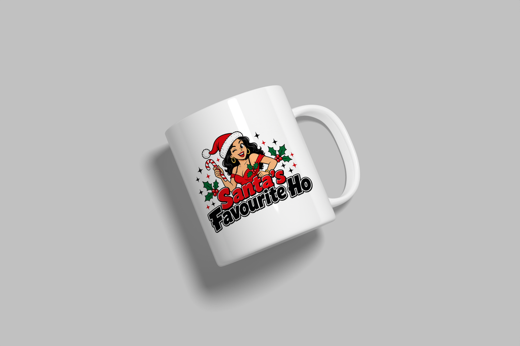Santa's Favourite Ho funny mug, white 11oz ceramic novelty gift, angled side view