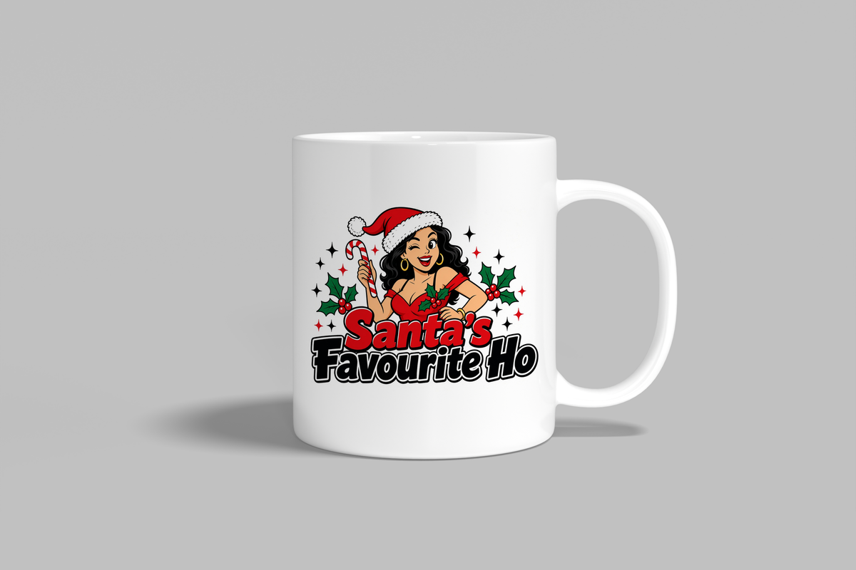 Santa's Favourite Ho funny mug, white 11oz ceramic novelty gift, front view