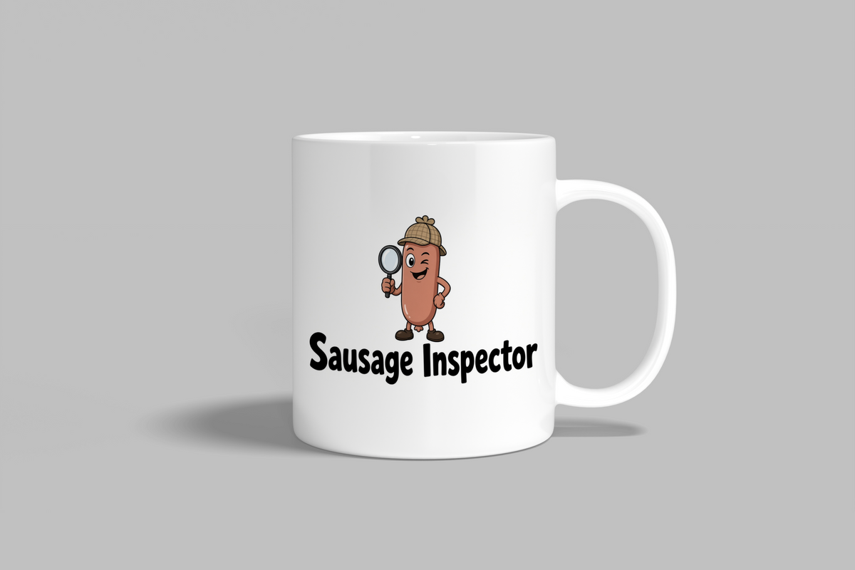 Sausage Inspector funny mug, white 11oz ceramic novelty gift, front view