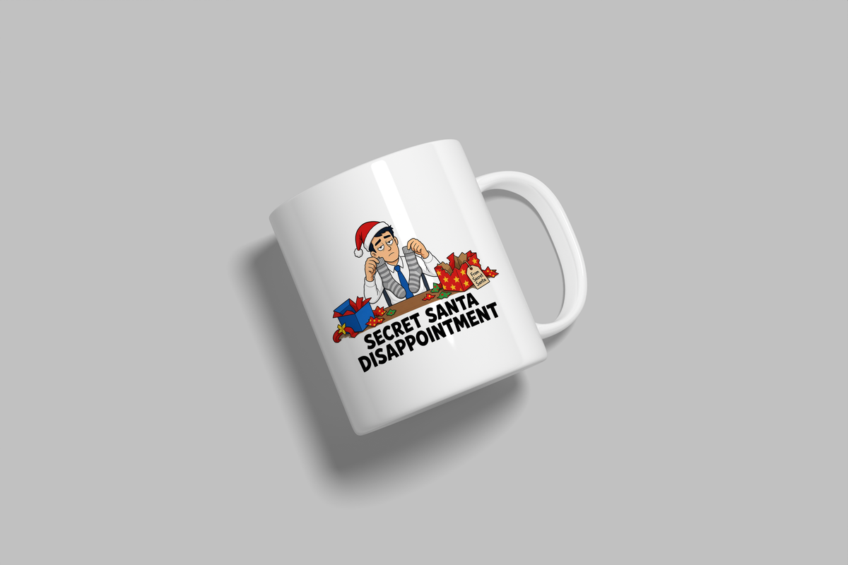 Secret Santa Disappointment funny mug, white 11oz ceramic novelty gift, angled side view