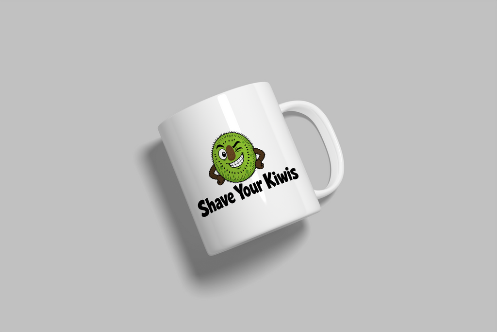 Shave Your Kiwis funny mug, white 11oz ceramic novelty gift, angled side view