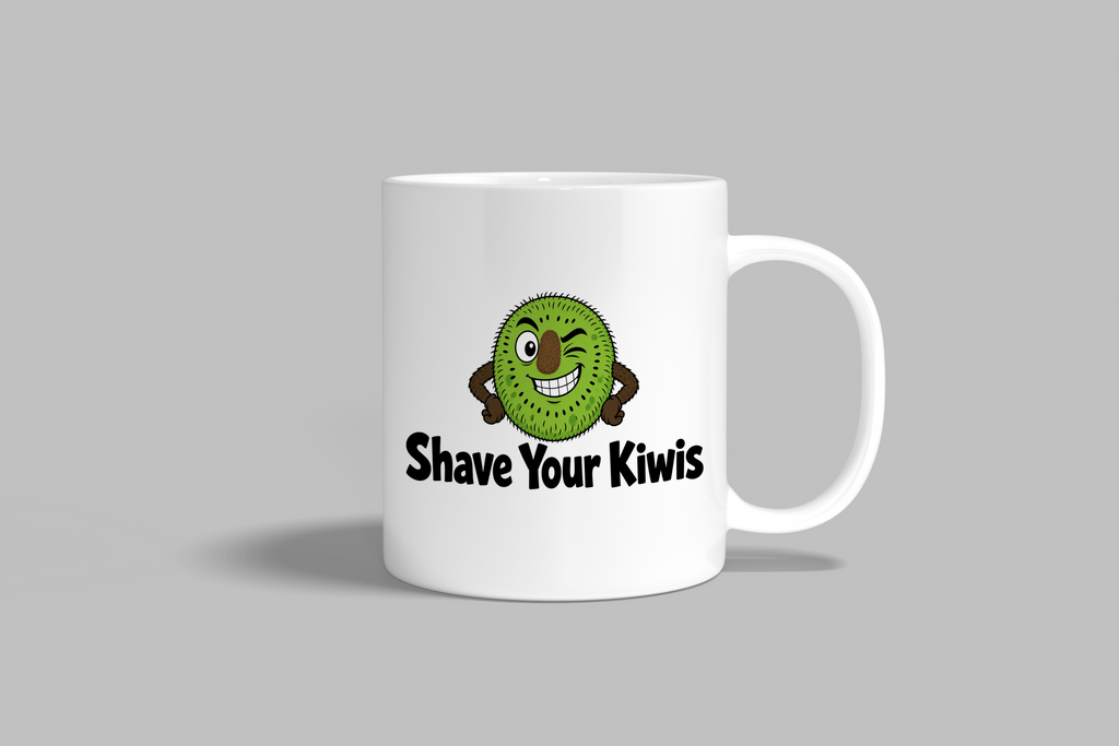 Shave Your Kiwis funny mug, white 11oz ceramic novelty gift, front view