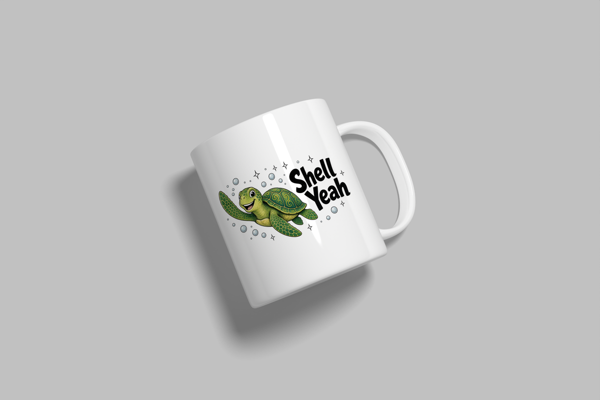 Shell Yeah funny mug, white 11oz ceramic novelty gift, angled side view