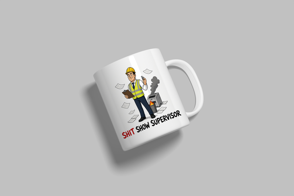 Shit Show Supervisor funny mug, white 11oz ceramic novelty gift, angled side view