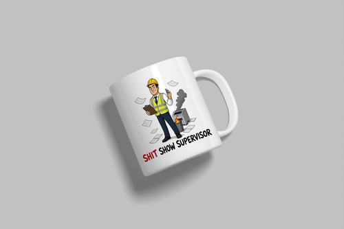 Shit Show Supervisor funny mug, white 11oz ceramic novelty gift, angled side view