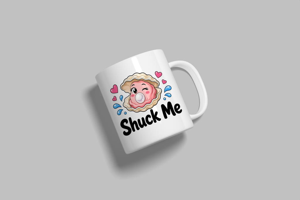 Shuck Me funny mug, white 11oz ceramic novelty gift, angled side view