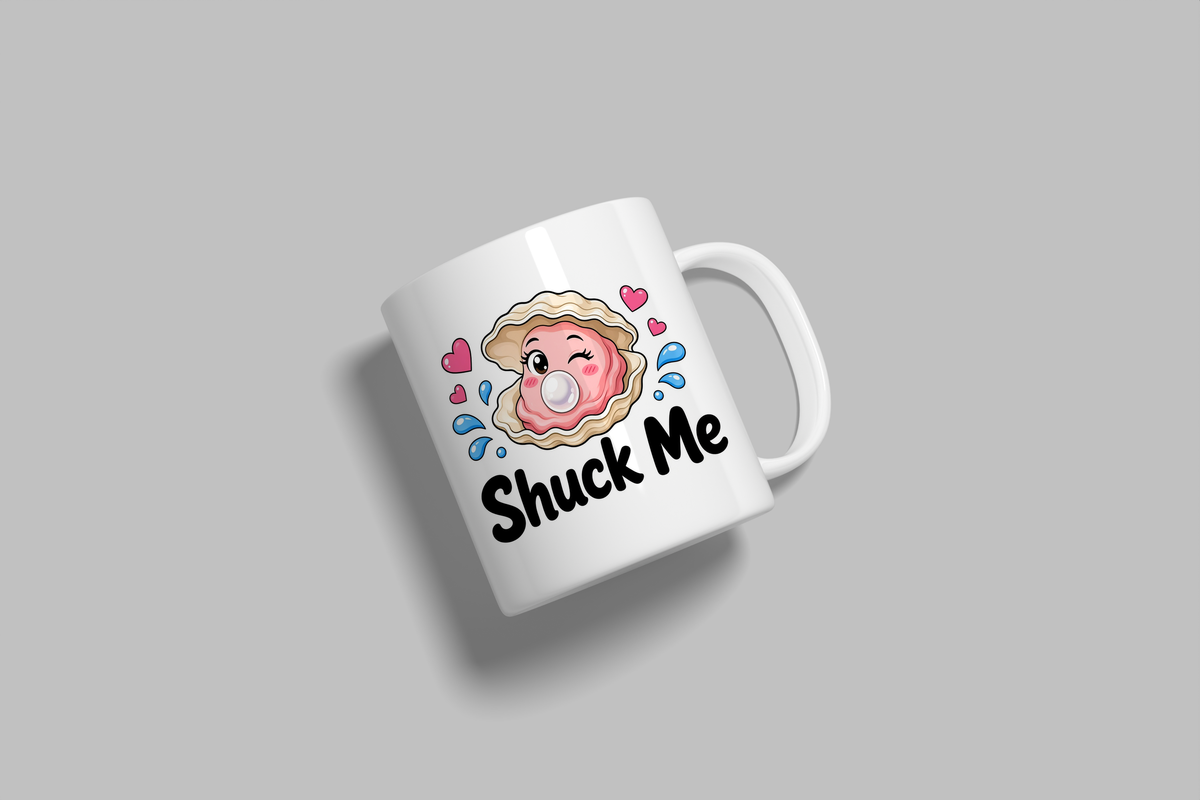 Shuck Me funny mug, white 11oz ceramic novelty gift, angled side view