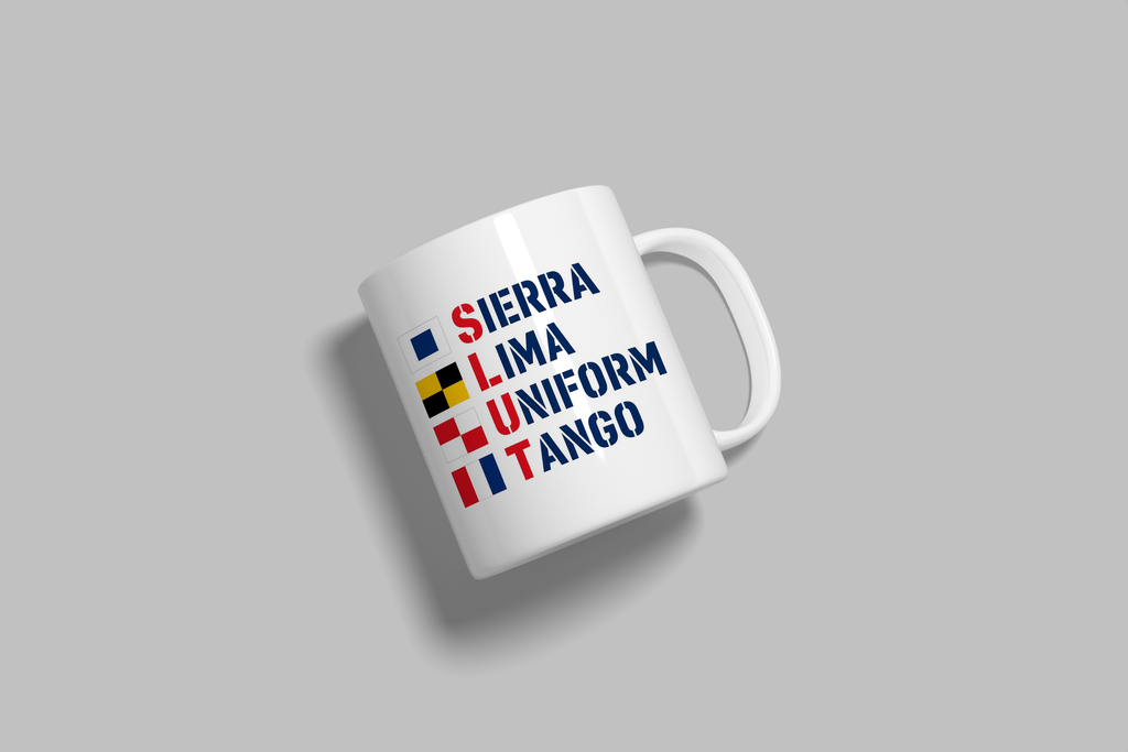 Sierra, Lima, Uniform, Tango funny mug, white 11oz ceramic novelty gift, angled side view
