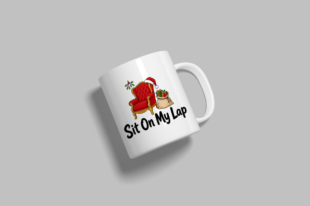 Sit On My Lap funny mug, white 11oz ceramic novelty gift, angled side view