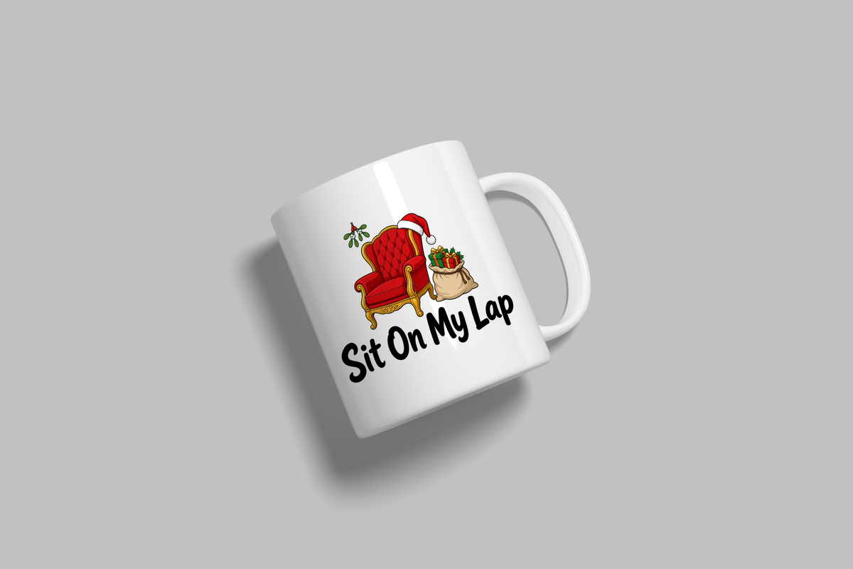 Sit On My Lap funny mug, white 11oz ceramic novelty gift, angled side view
