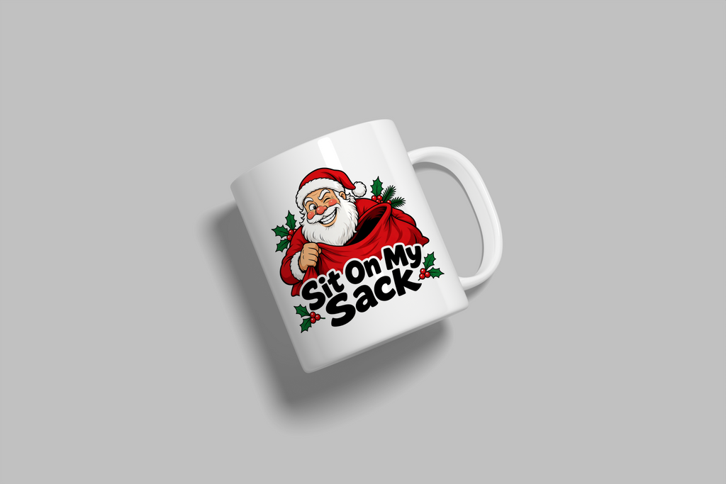 Sit On My Sack funny mug, white 11oz ceramic novelty gift, angled side view