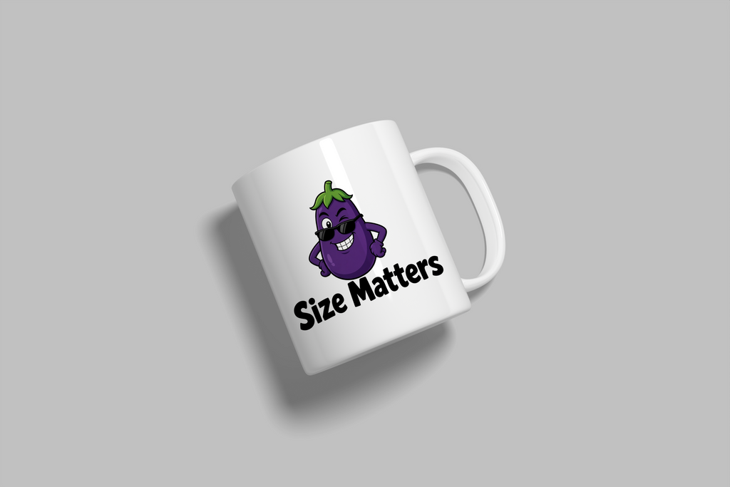 Size Matters funny mug, white 11oz ceramic novelty gift, angled side view
