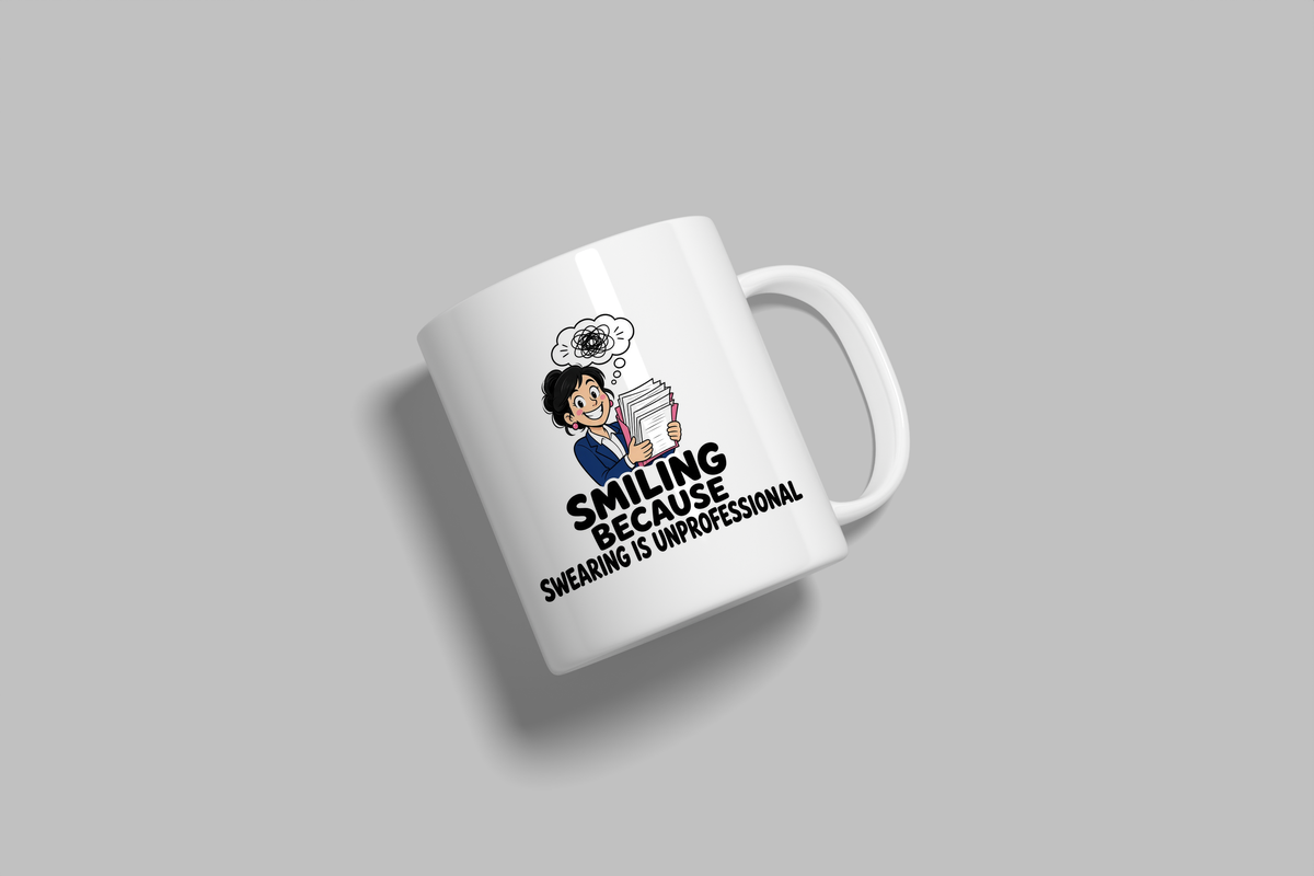 Smiling Because Swearing Is Unprofessional funny mug, white 11oz ceramic novelty gift, angled side view
