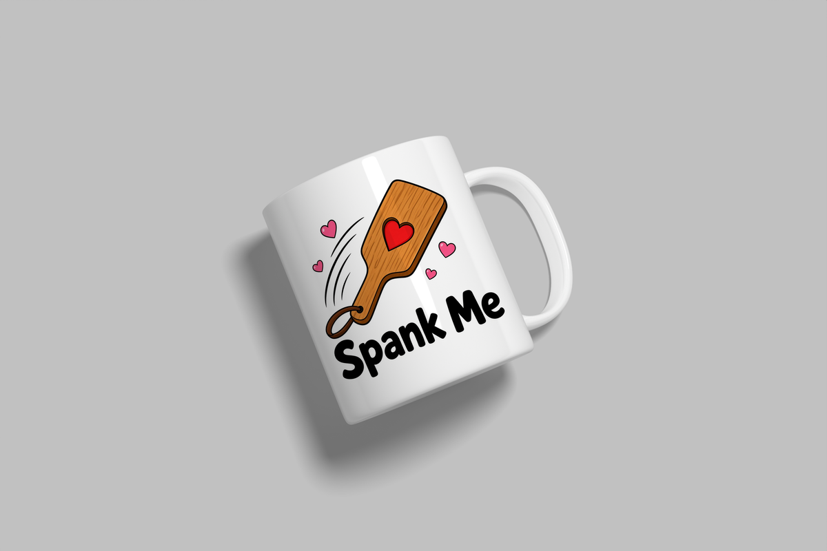 Spank Me funny mug, white 11oz ceramic novelty gift, angled side view