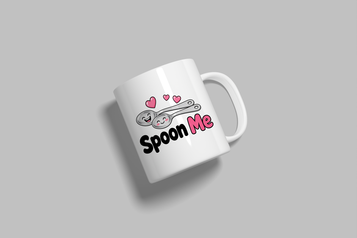 Spoon Me funny mug, white 11oz ceramic novelty gift, angled side view