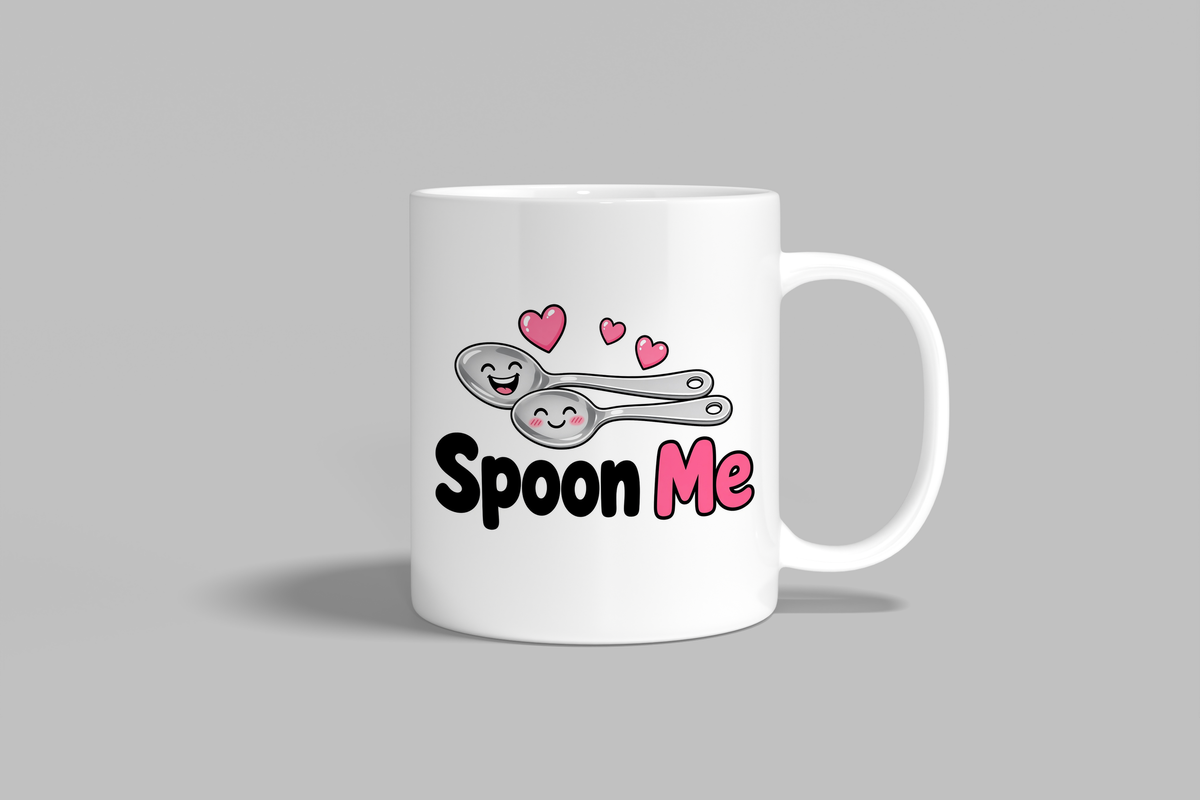 Spoon Me funny mug, white 11oz ceramic novelty gift, front view