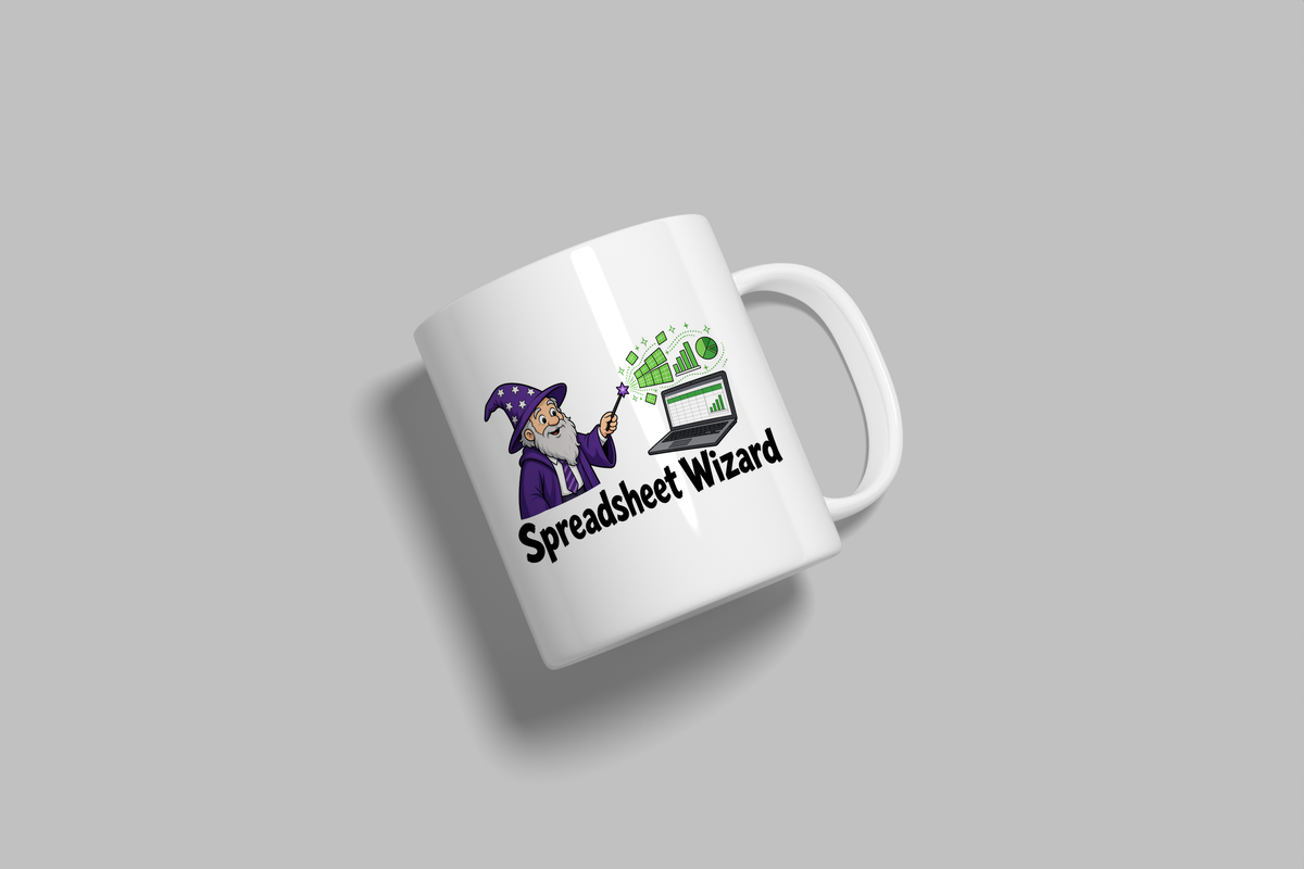 Spreadsheet Wizard funny mug, white 11oz ceramic novelty gift, angled side view