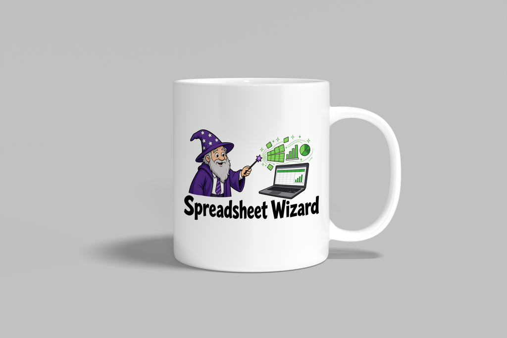 Spreadsheet Wizard funny mug, white 11oz ceramic novelty gift, front view