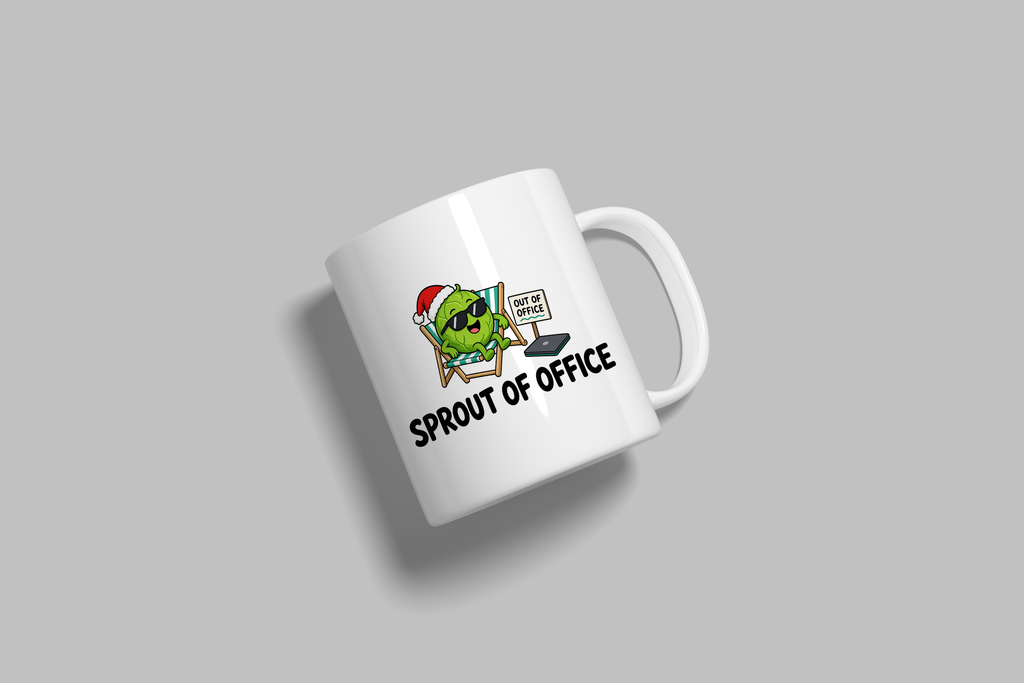 Sprout Of Office funny mug, white 11oz ceramic novelty gift, angled side view
