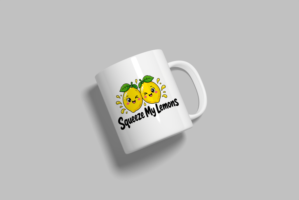 Squeeze My Lemons funny mug, white 11oz ceramic novelty gift, angled side view