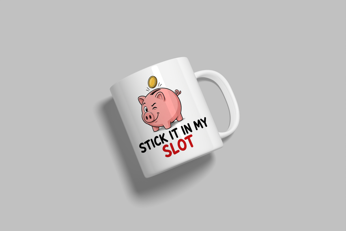 Stick It In My Slot funny mug, white 11oz ceramic novelty gift, angled side view
