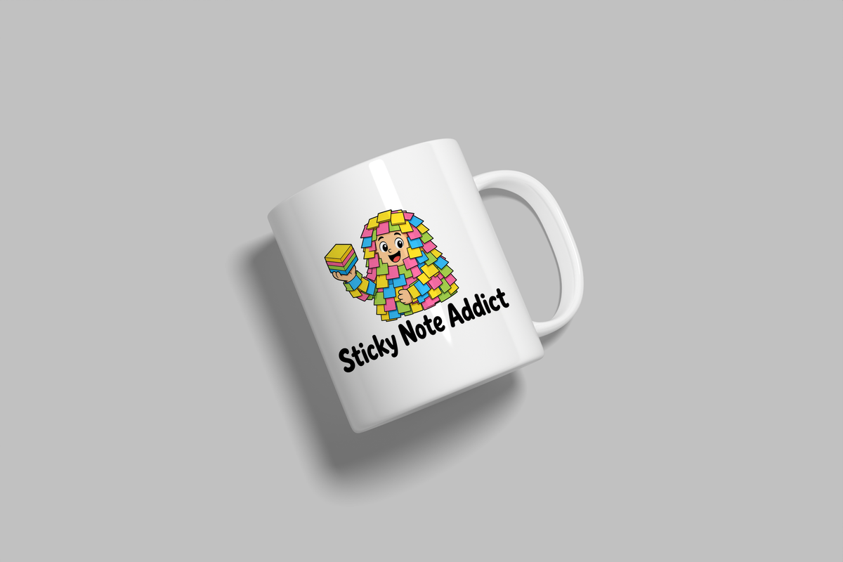 Sticky Note Addict funny mug, white 11oz ceramic novelty gift, angled side view