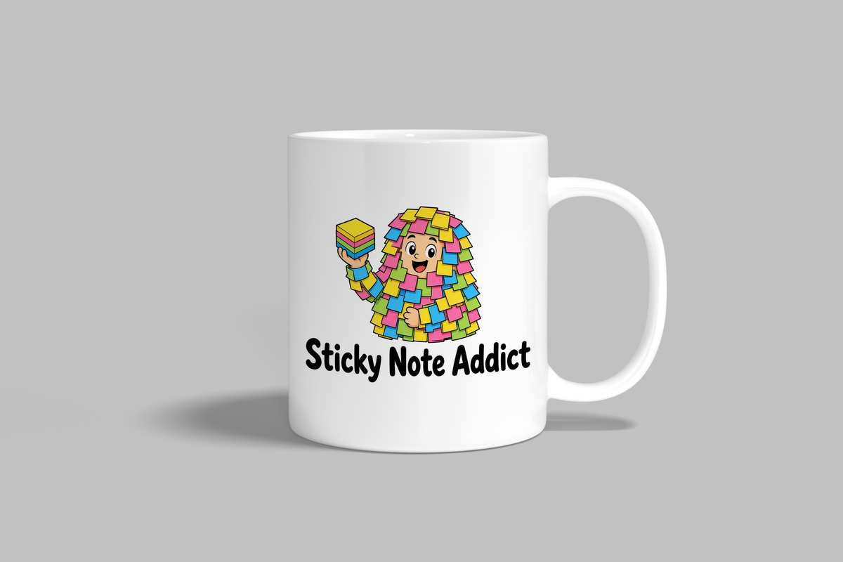 Sticky Note Addict funny mug, white 11oz ceramic novelty gift, front view