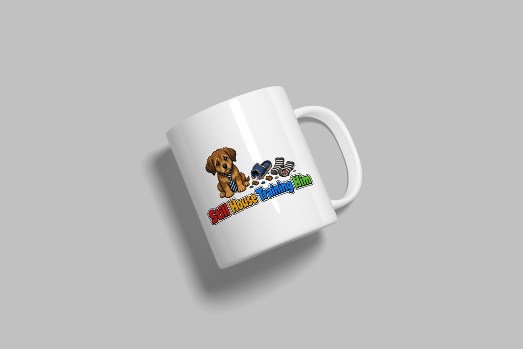 Still House Training Him funny mug, white 11oz ceramic novelty gift, angled side view