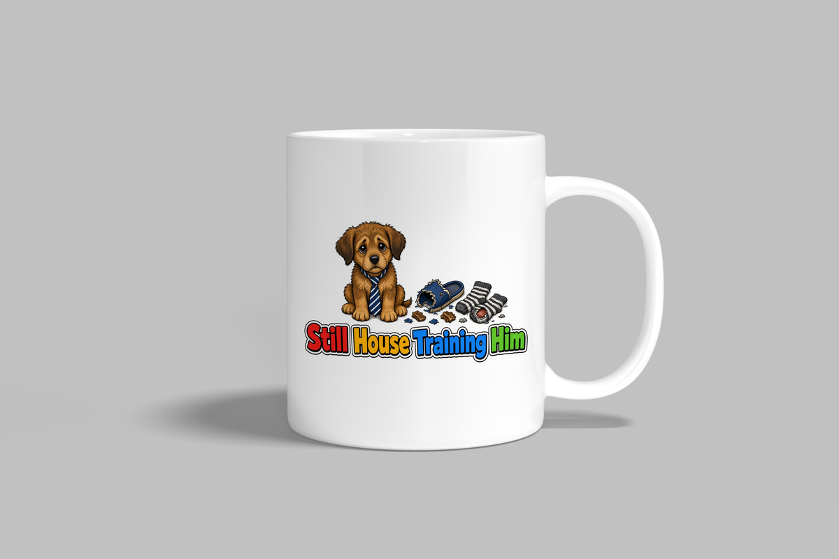 Still House Training Him funny mug, white 11oz ceramic novelty gift, front view