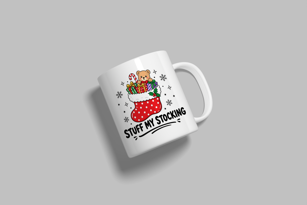 Stuff My Stocking funny mug, white 11oz ceramic novelty gift, angled side view