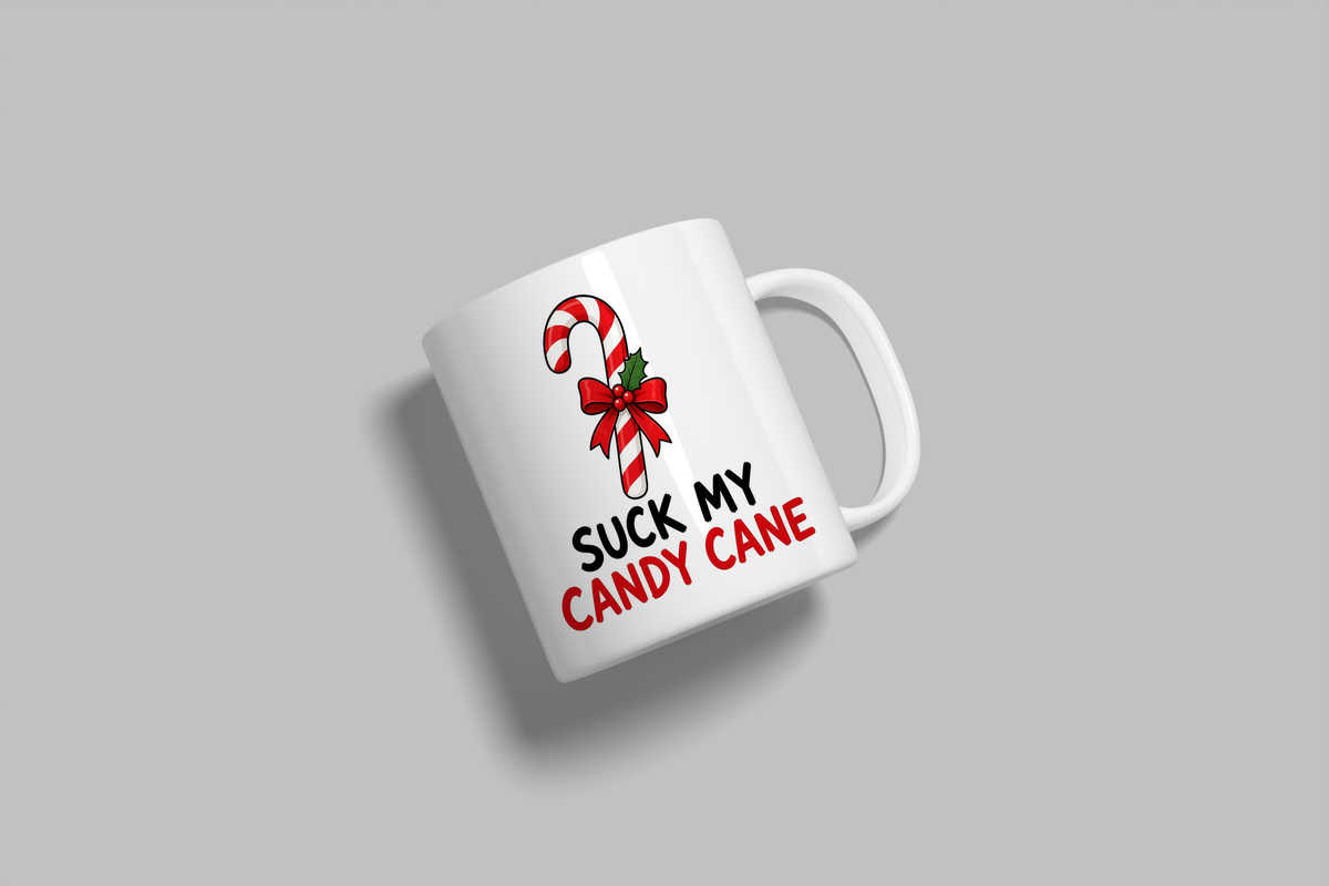 Suck My Candy Cane funny mug, white 11oz ceramic novelty gift, angled side view