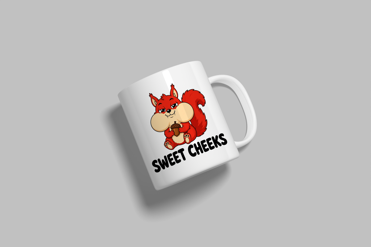Sweet Cheeks funny mug, white 11oz ceramic novelty gift, angled side view