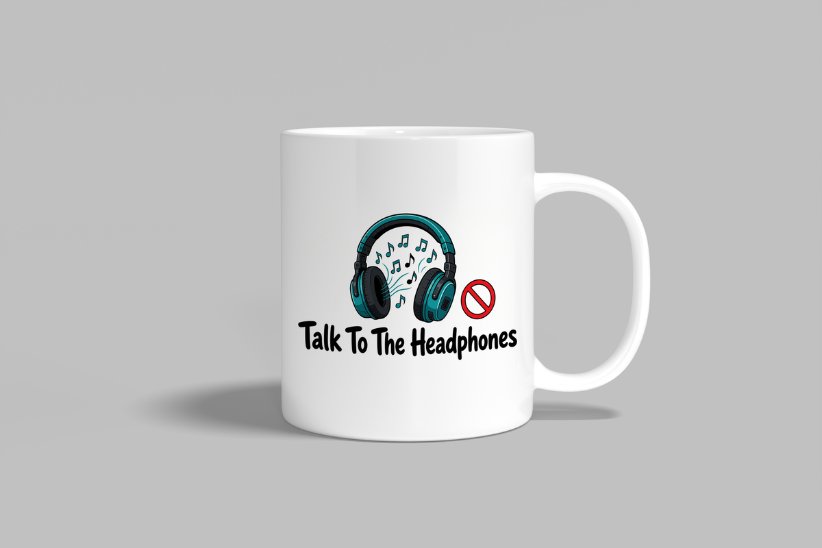 Talk To The Headphones funny mug, white 11oz ceramic novelty gift, front view