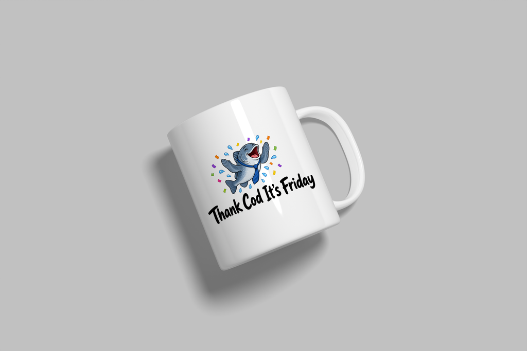 Thank Cod It's Friday funny mug, white 11oz ceramic novelty gift, angled side view