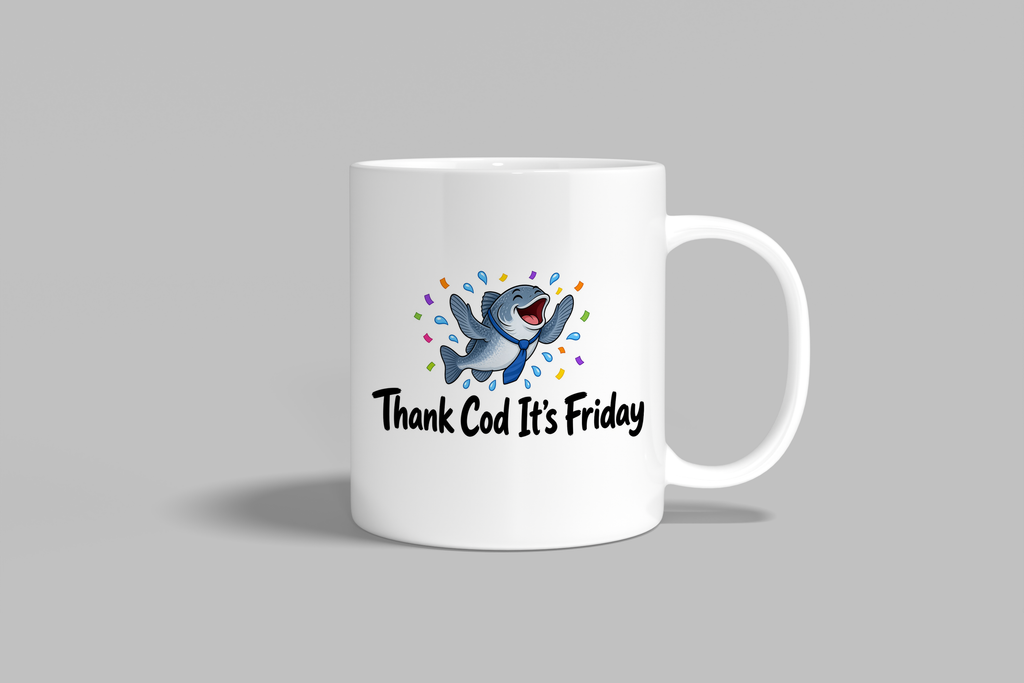 Thank Cod It's Friday funny mug, white 11oz ceramic novelty gift, front view
