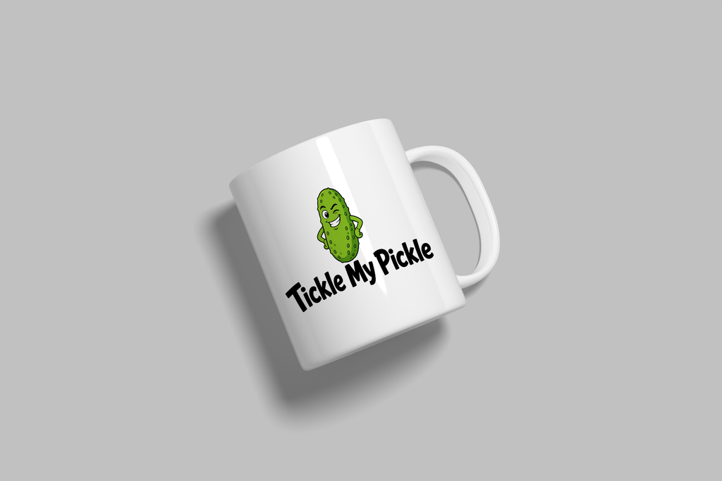 Tickle My Pickle funny mug, white 11oz ceramic novelty gift, angled side view